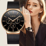 LIGE Classic Women's Watch: Rose Gold Luxury Dress Clock, Fashion Casual Waterproof Quartz Calendar Wristwatch