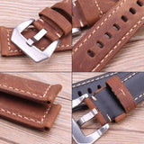 Handmade Italian Genuine Leather Watchband – 22mm/24mm Vintage Strap for PAM Watches with Silver and Black Stainless Steel Pin Buckle