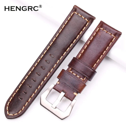 Vintage Genuine Leather Watch Straps for Men – 22mm and 24mm Bands with Brushed Stainless Steel Buckle