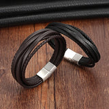 Men's Multi-Layer Genuine Leather Bracelet – Black/Brown Braided Design with Magnetic Clasp | Birthday Gift Bangle