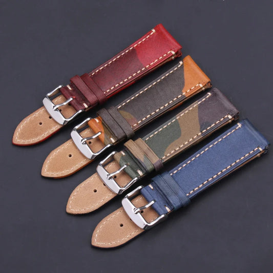 Premium Cowhide Watchbands: Camouflage Vintage Genuine Leather, Available in 18mm, 20mm, 22mm Sizes for Men and Women