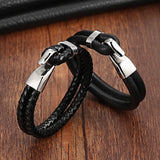 Double Layer Grid & Smooth Veins Leather Bracelet – Toggle-Clasp Genuine Leather Hand Jewelry | Perfect Birthday Gift