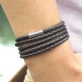 Men's Wrap Long Black & Brown Leather Bracelet – 5-Lap Sporty Fashion Bangle | Charm Gift with Velvet Bag