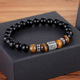 Men's Vintage African CZ Charm Bracelet – 8MM Tiger Eye & Shiny Black Beads | Stretch DIY Jewelry for Boys