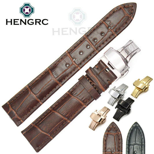 High-Quality Genuine Leather Watchbands for Men and Women, Available in 18mm to 24mm, Black and Brown, with Deployment Clasp