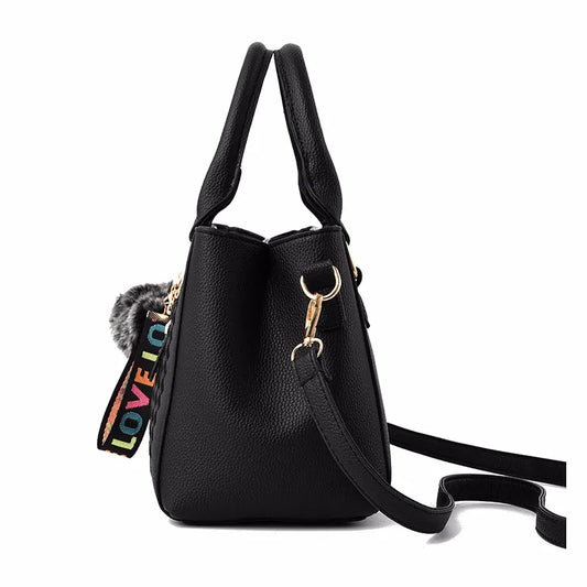 Embroidery Chic Women's Leather Messenger Bag with Hairball Detail: A Stylish Handbag for Ladies