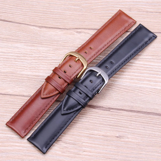 Genuine Leather Watchband – Smooth Black and Brown Straps in Sizes 18mm, 19mm, 20mm, 21mm, 22mm, and 24mm | Men’s and Women’s Bracelet with Silver or Gold Metal Pin Buckle