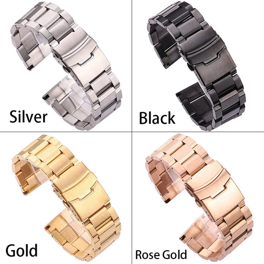 Solid Stainless Steel Watchbands - Men's Metal Bracelet, Available in 18mm, 20mm, 22mm, and 24mm, Strap Accessories