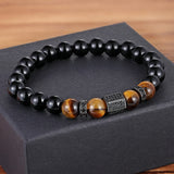 Men's Vintage African CZ Charm Bracelet – 8MM Tiger Eye & Shiny Black Beads | Stretch DIY Jewelry for Boys