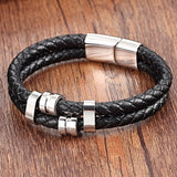 Men's Double-Layer Black Genuine Leather Bracelet – Multiple Styles with Stainless Steel Accents | Stylish Jewelry