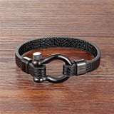 Men's Black Stainless Steel Shackle Buckle Leather Bracelet – Nautical Sailor Surfer Survival Wristband Jewelry