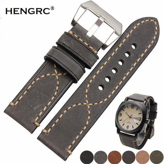 Italian Genuine Leather Watch Strap for Men and Women, Thick Cowhide Band with Metal Buckle, Available in 20mm, 22mm, 24mm