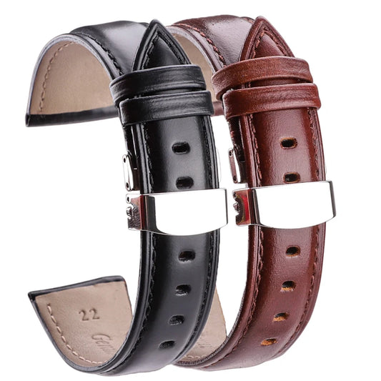 High-Quality Genuine Leather Watch Band – Brown & Black Strap in 18mm to 24mm | Elegant Watch Accessory with Deployment Buckle