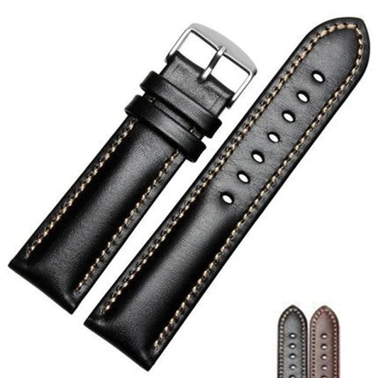 Genuine Leather Watch Strap – Black & Dark Brown Bands for Men & Women | 18mm to 24mm with Polished Buckle