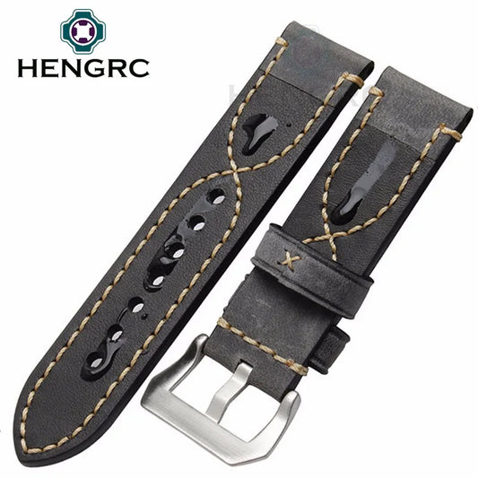 Italian Genuine Leather Watch Strap for Men and Women, Thick Cowhide Band with Metal Buckle, Available in 20mm, 22mm, 24mm