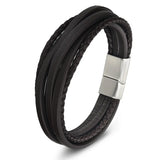 Men's Multi-Layer Genuine Leather Bracelet – Black/Brown Braided Design with Magnetic Clasp | Stylish Birthday Gift Bangle