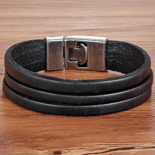 Men's Classic Toggle-Clasp Double-Layer PU Leather Bracelet – Available in Black, Brown, Orange | Stylish Jewelry Gift