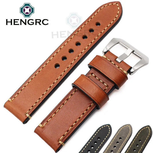 Thick Genuine Leather Watchband Bracelet with Metal Steel Buckle, Available in 24mm, 22mm, 20mm, Watch Strap Accessories