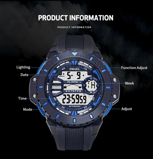 SMAEL Men's Military Watch, Waterproof Casual Sport Watch with LED Digital Analog Quartz,