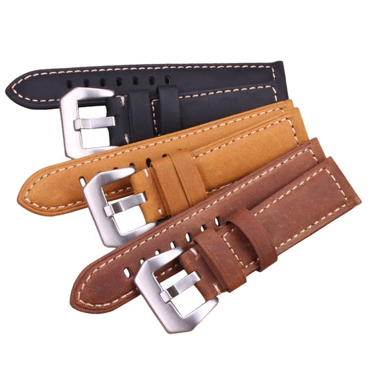 Handmade Italian Genuine Leather Watchband – 22mm/24mm Vintage Strap for PAM Watches with Silver and Black Stainless Steel Pin Buckle