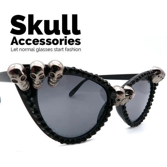 VIVIBEE Vintage Skull Sunglasses Women Black Rhinestone Y2K Retro Cat Eye Sun Glasses for Ladies Round Gothic Halloween Shades