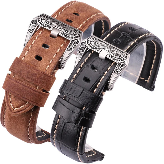 Genuine Leather Watchbands for Men, 22mm and 24mm, in Black, Brown, and Orange, with Retro Brushed Buckle