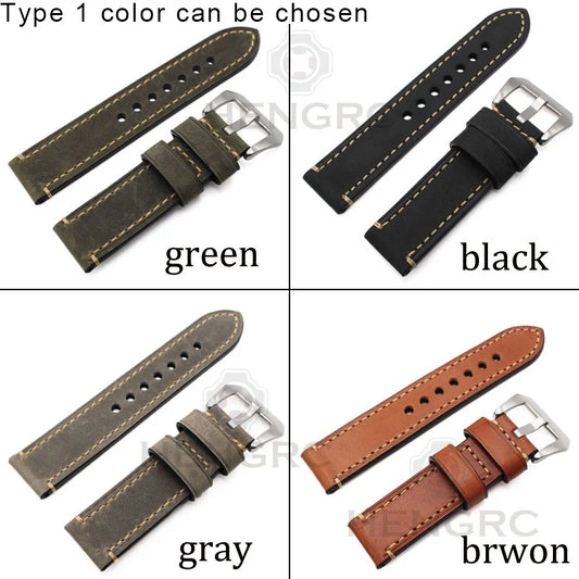 Italian Authentic Leather Watchband Bracelet, Thick Strap with Metal Buckle, Sizes 24mm, 22mm, 20mm, Clasp Accessories