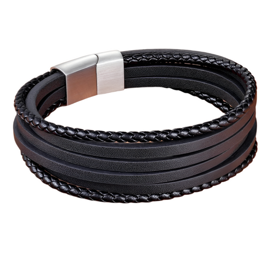 Men's Multi-Layer Genuine Leather Bracelet – Black/Brown Braided Design with Magnetic Clasp | Birthday Gift Bangle