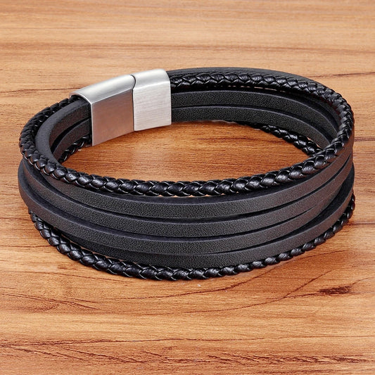 Men's Multi-Layer Genuine Leather Bracelet – Black/Brown Braided Design with Magnetic Clasp | Birthday Gift Bangle