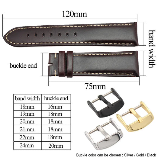 Genuine Smooth Leather Watchbands – Available in Black and Dark Brown, Sizes 18mm to 24mm | Strap with Stainless Steel Silver Buckle