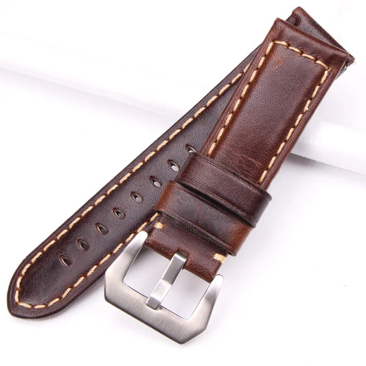 Vintage Genuine Leather Watch Straps for Men – 22mm and 24mm Bands with Brushed Stainless Steel Buckle