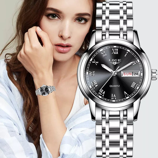 LIGE Ladies' Fashion Watch: Top Brand Luxury Stainless Steel Sport Quartz Watch with Calendar, Waterproof Bracelet Design