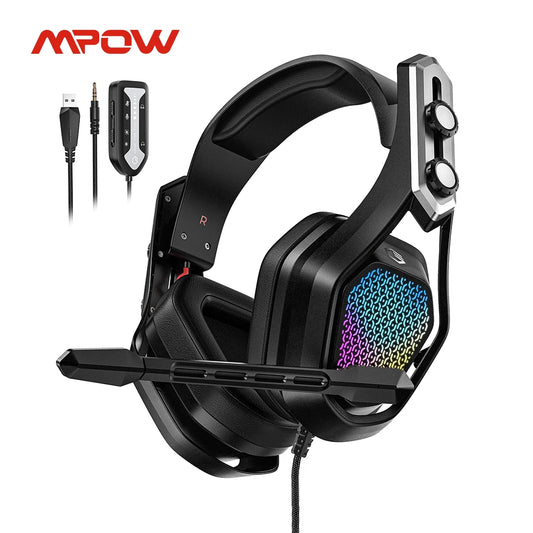 Mpow Iron Gaming 7.1 Surround Headset: Wired 3.5mm & USB Headphones with Noise Cancelling Mic, Voice Changer for PC Gaming