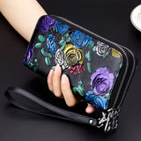 Vintage Black Flower Card Wallet for Women - Clutch Phone Bag with Hidden Coin Compartment - Ladies' Leather Purse, Perfect Gift for Girls