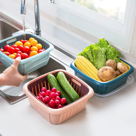 Plastic Double-Layer Vegetable Basket with Lid for Kitchen Sink Organization