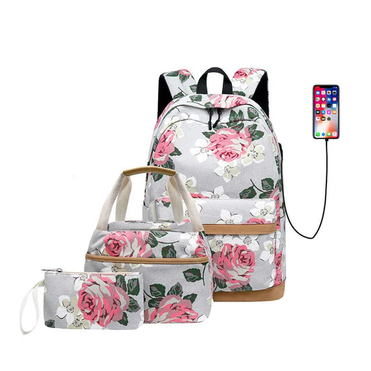 Set of 3 Flower Canvas School Backpacks: Floral Book Bags Designed for Children and Teenage Girls, Stylish Bagpack Collection