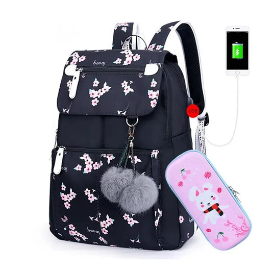 Kids' Floral School Backpack with a Pen Pencil Bag Set, Ideal for Girl Students