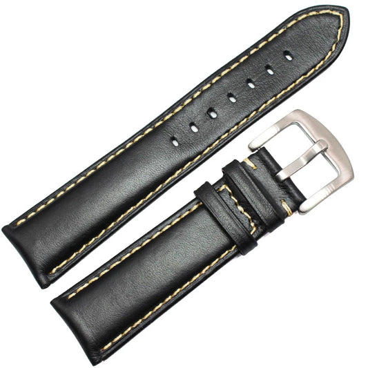 Genuine Smooth Leather Watchbands – Available in Black and Dark Brown, Sizes 18mm to 24mm | Strap with Stainless Steel Silver Buckle