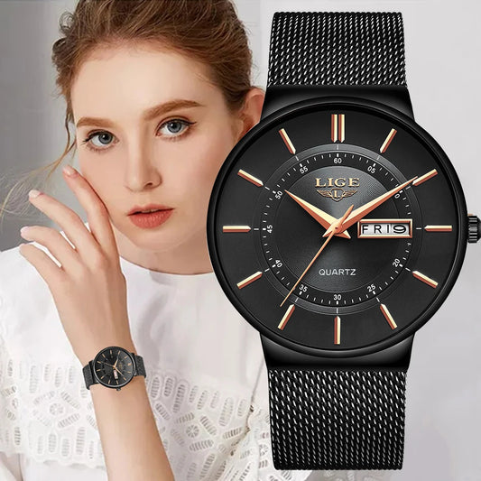 LIGE Top Brand Luxury Ultra-Thin Women's Bracelet Wrist Watch with Female Mesh Strap, Waterproof Quartz Clock