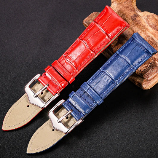 Genuine Cow Leather Watchband – Crocodile Pattern Strap in Black, Brown, Red & Blue for Men & Women | 18mm to 24mm Sizes Available