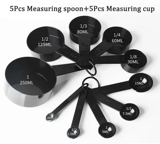 Set of 5/10 Kitchen Measuring Spoons: Black Plastic Teaspoon Scoops, Cups for Cooking Tools, Scale Measuring Tool