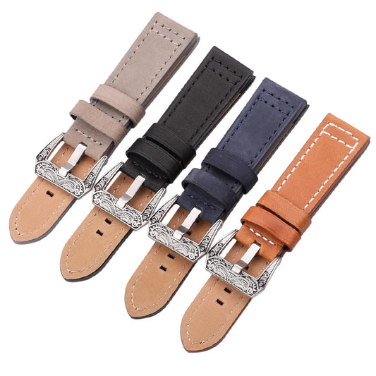 Carved Pattern Genuine Leather Watchbands with Buckle, 4 Colors Cowhide Strap Bracelet, Watch Accessories in 20mm, 22mm, 24mm