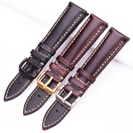 Handcrafted Vintage Leather Watchbands – Genuine Calfskin Straps in Black and Dark Brown, Available in 18mm to 24mm Sizes with Pin Buckle