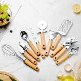 Wooden Handle Kitchen Gadgets Set: Stainless Steel Opener, Pizza Skin-Peeler, and Cheese Knife