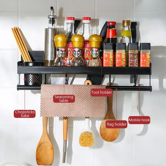 No-Drill Kitchen Storage Rack: Wall-Mounted Hanger for Multifunctional Household Seasoning Supplies and Self-Storage