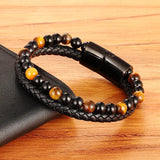 Men's Natural Stone Beads Double-Layer Leather Bracelet – Stainless Steel Magnetic Clasp | Bangle Jewelry