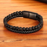 Men's Natural Stone Beads Double-Layer Leather Bracelet – Stainless Steel Magnetic Clasp | Bangle Jewelry