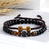 2-Piece Men's Beaded Bracelet Set – 6mm Natural Onyx Stone with Braided Dumbbell & Barbell Charm | Fitness Jewelry for Men