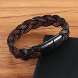 Men's Fashion Braided Brown Leather Bracelet – Stainless Steel Magnetic Clasp | Charm Bangle Wristband Gift