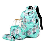 Set of 3 Flower School Bags for Girls - Green Floral Design Food Bag Set - Children's Stationery Pen and Pencil Bag - Kids' School Backpack